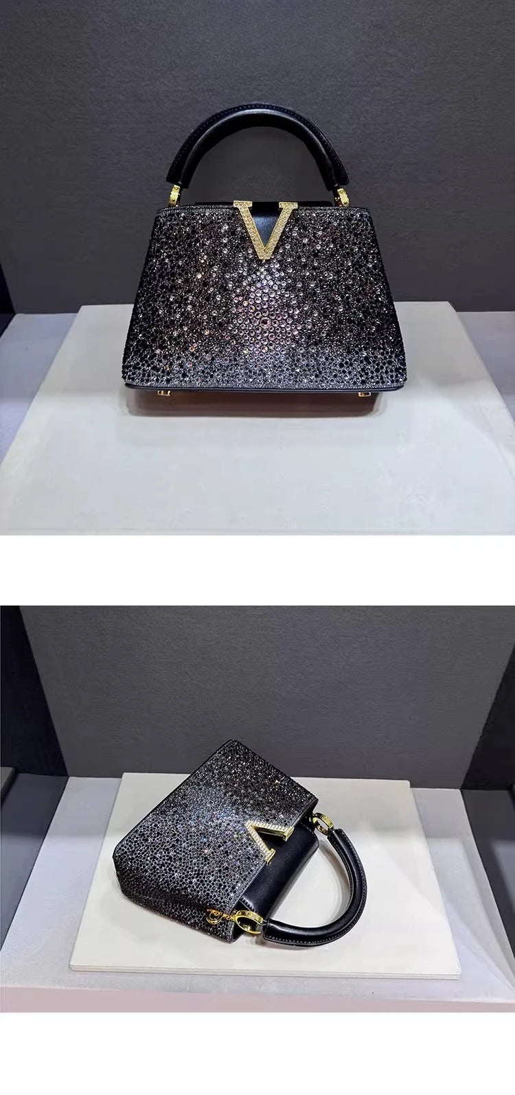 Luxury Brand Leather Diamond Handbag | High-End Rhinestone Shoulder & Crossbody Bag | Elegant Evening Tote with Interior Zipper Pocket Luxegan