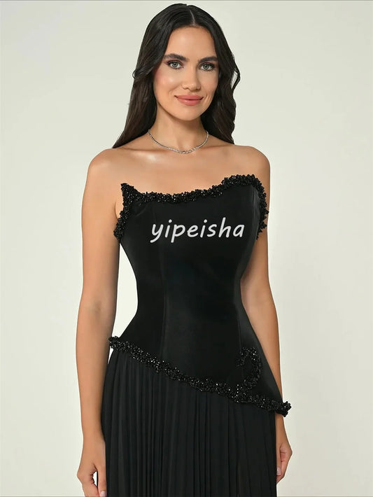 Vestidos largos de gala con cuentas intrincadas, lentejuelas, silueta en A, sin tirantes, estilo moderno, hechos a medida, tallas disponibles, estilo retro