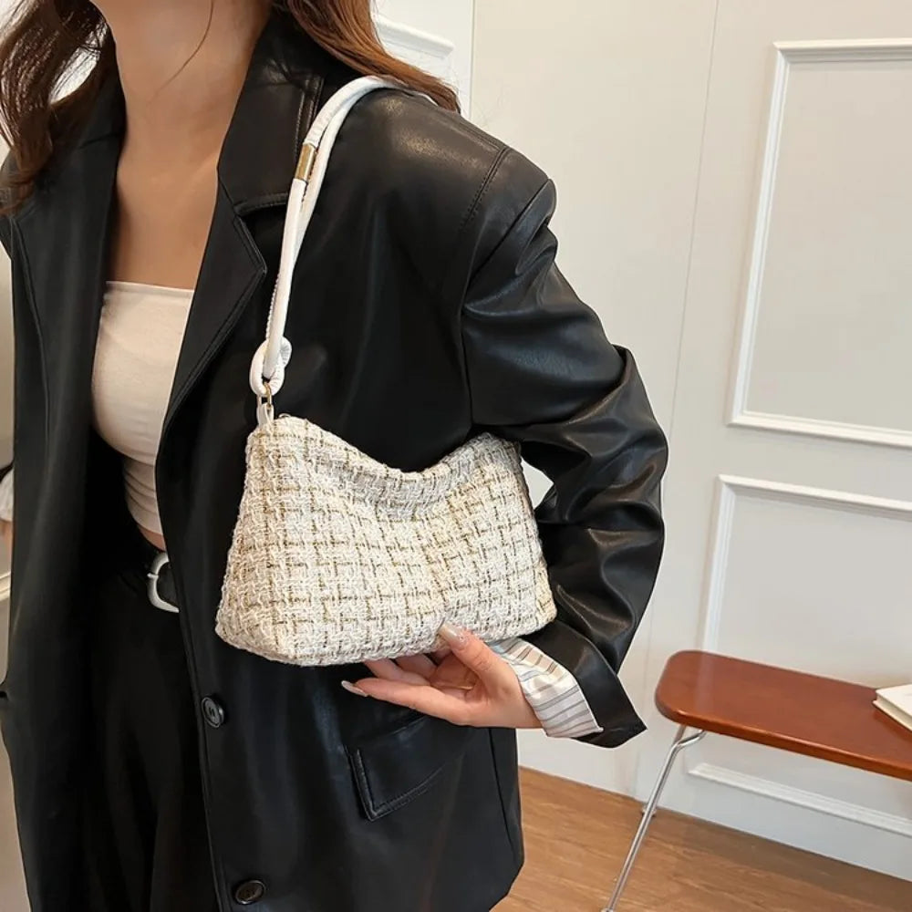Hobos Luxury Designer Soft Woolen Plaid Underarm Bag | Korean Style New Crossbody Purse with Appliques for Party Luxegan