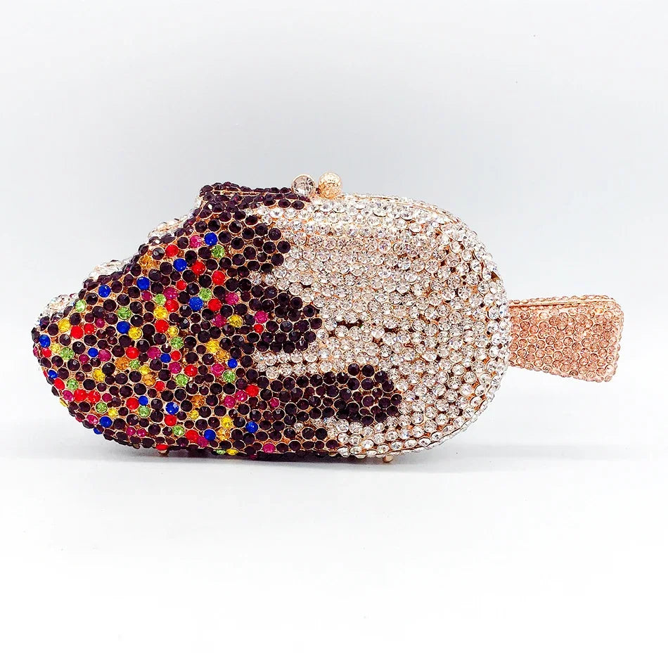 Luxury Ice Cream Diamond Evening Clutch | Sophisticated Novelty Kawaii Rhinestone Purse | Elegant High-Quality Metallic Mini Bag | "Dignified" Structured Minaudière for Party & Boutique Glamour Luxegan