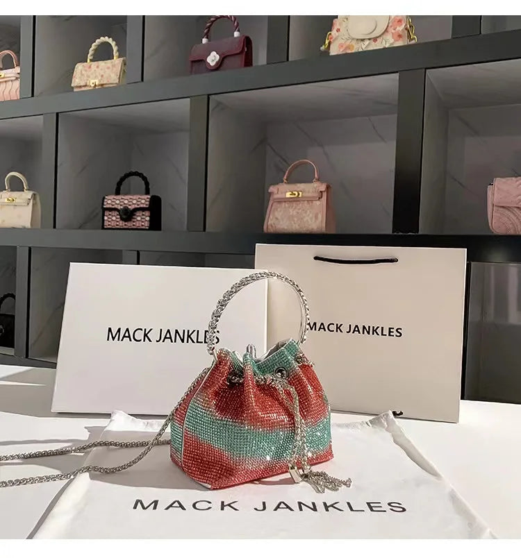 Fashion Metal Ring Handle Bucket Bag | Glitter Shiny Diamond Evening Purse | Luxury Rhinestone Wedding Party Clutch & Crossbody Bag (Model SHRF38) Luxegan