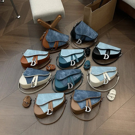 Denim-Look Contrast Saddle Bag | Fashionable Box Messenger Purse Luxegan