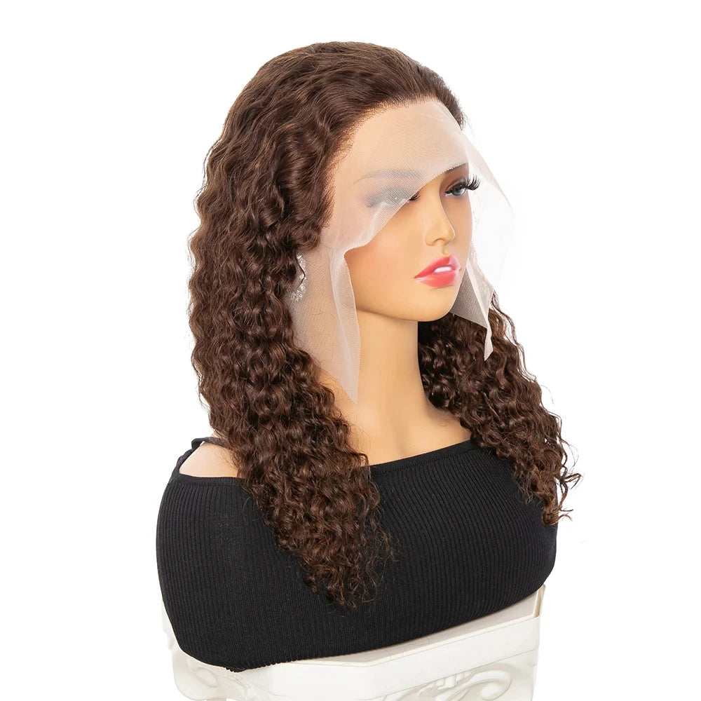 Chocolate Brown Wet and Wavy Short Bob Wig - 13x4 Transparent Lace Frontal Human Hair Wig - Pre-Plucked & Bleached Knots Deep Wave Remy Curly Wig for Women (10-16 Inch, #4 Color) Luxegan