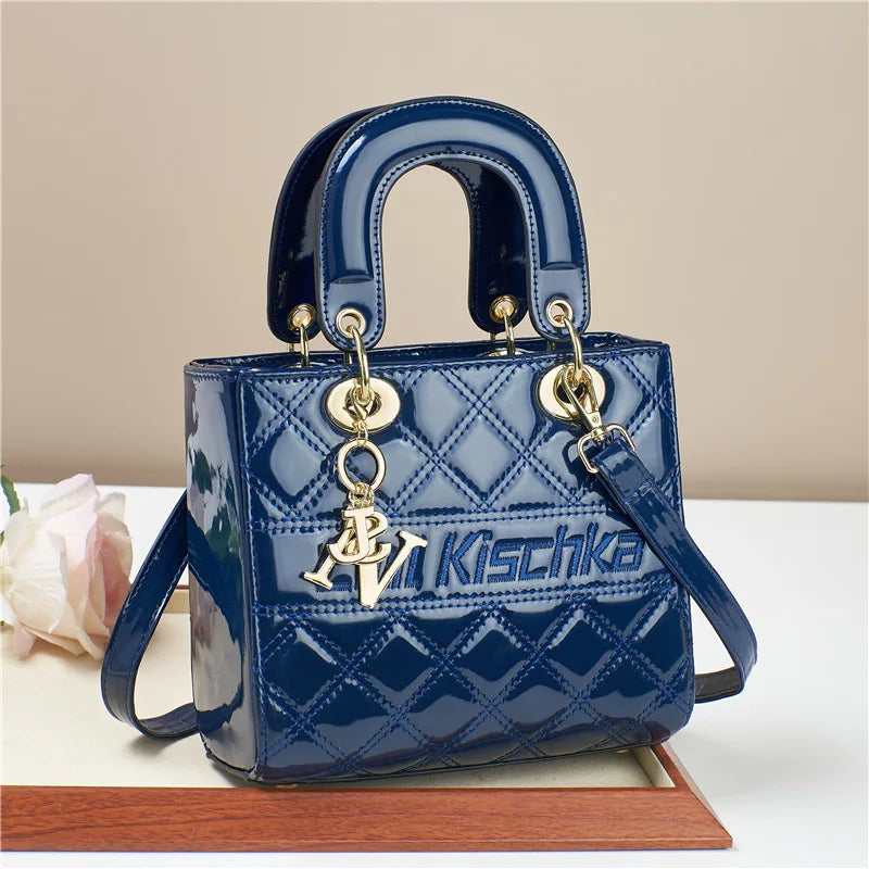 High-Quality Patent Leather Female Handbag | Luxury Designer Crossbody & Shoulder Bag | Glossy Geometric Pattern Tote with Multi-Pocket Interior Luxegan