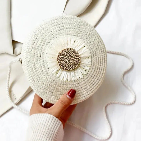 Bohemian Circular Straw Crossbody | Vintage Floral Decor Mini Bag Luxegan