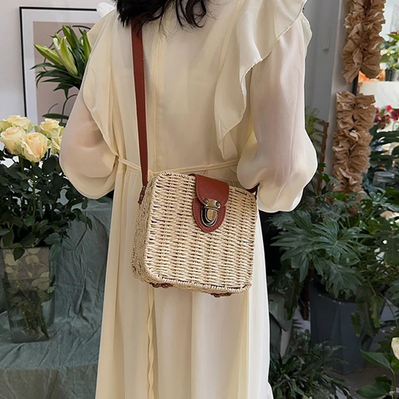 Bohemian Straw Flap Crossbody Bag | Sophisticated Small Knitting Summer Purse | Elegant Vacational Beach Handbag | "Dignified" Hard-Shell Square Bag for Versatile Seasonal Styling Luxegan