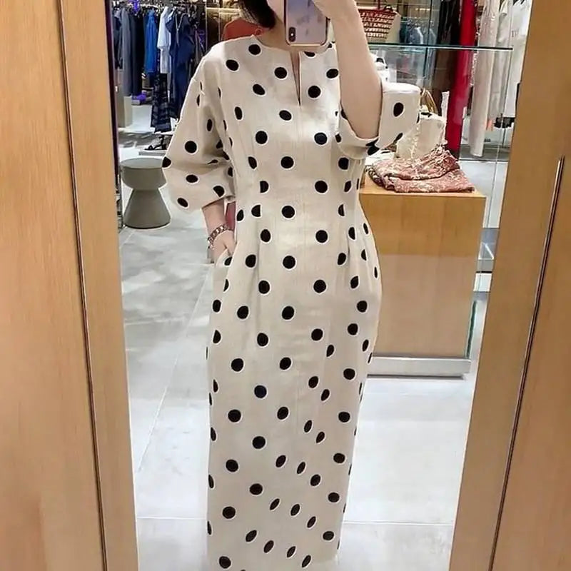 Dot Vintage V-Neck 3/4 Sleeve Slim Sheath Mid-Calf Dress with Pockets – Non-Stretch Polyester, Natural Waist, Summer Luxegan