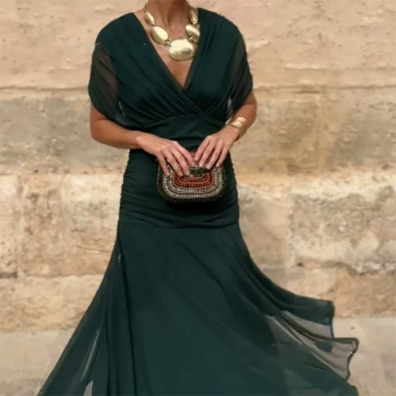 V-Neck Shawl Sleeve Pleated Maxi Dress | Floral Print Hollow Out High Waist Banquet Dress Luxegan