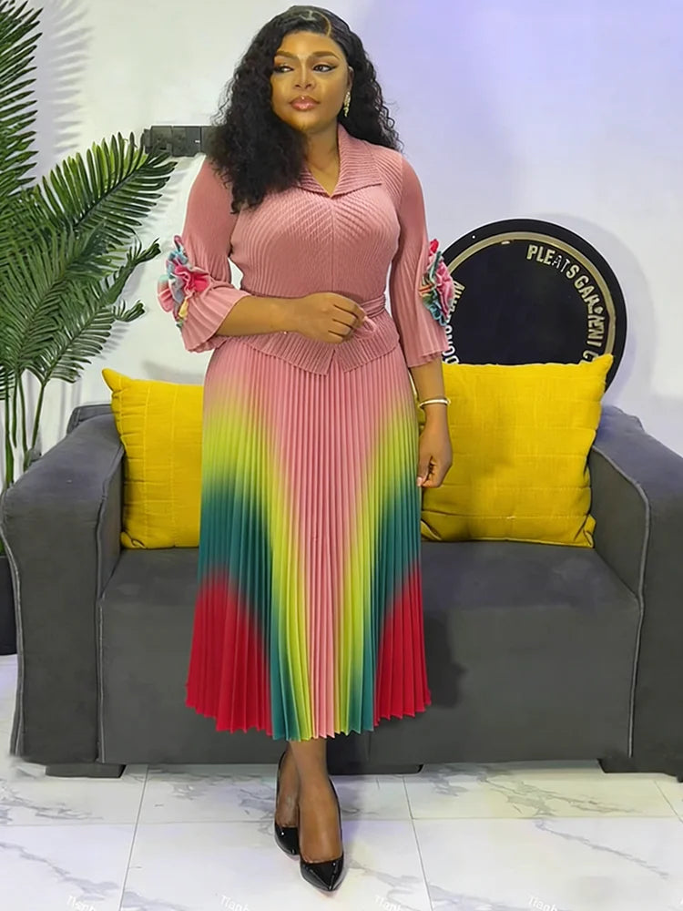 Gradient Pleated Miyake A-Line Dress for Women | Elegant Lapel Lantern Sleeve Belted Slimming Dress | Premium High-Stretch Mid-Calf Office Lady Dress | Model ER66 9R66 All-Season Pullover Gown Luxegan
