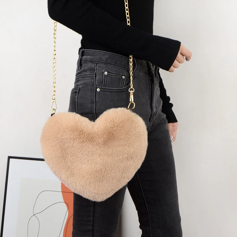 Corduroy Floral Casual Tote | Soft Cute Heart-Shaped Faux Fur Chain Shoulder Bag Luxegan