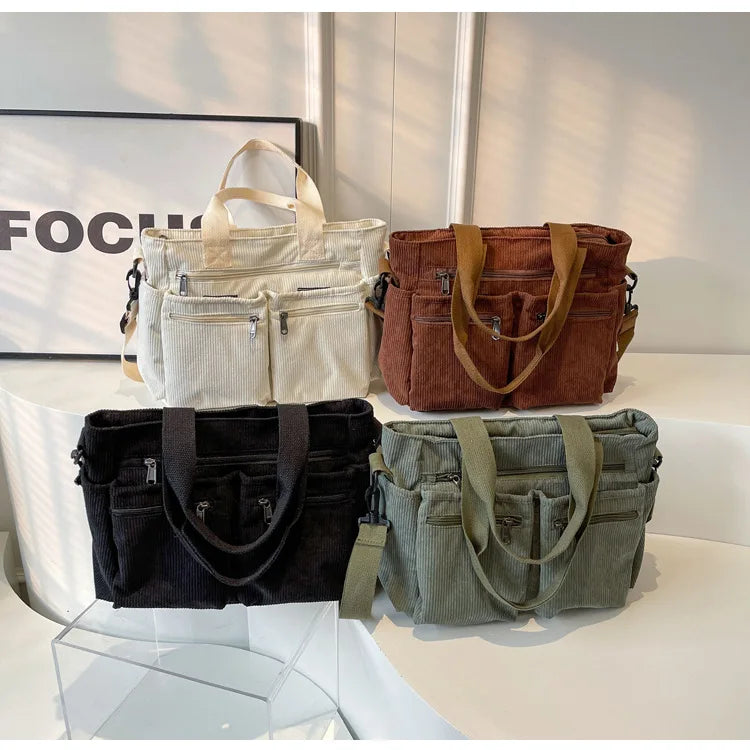 Female Large Capacity Corduroy Tote Bag | New Korean Style Fashion Women's Shoulder Crossbody Bag (Worker Commuter Handlebag)