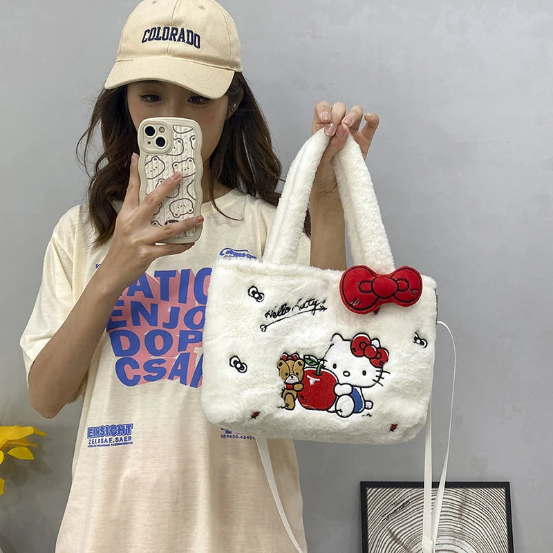 Kawaii Hello Kitty Plush Shoulder Bag | My Melody Cinnamoroll Kuromi Cute Cartoon Anime Handbag (Soft Storage Bag for Women & Girls) Luxegan