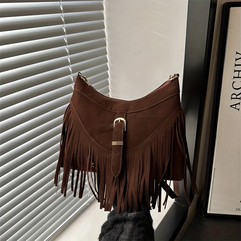 Women’s Vintage Faux Suede Messenger Bag | Western-Style Tassel Crossbody with Sequined Accents | Lightweight Fashion Satchel with Adjustable Detachable Strap Luxegan