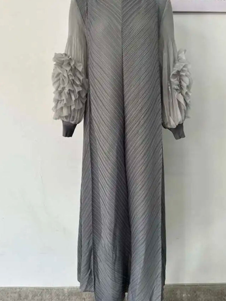 Pleated Lettuce Hem Maxi Dress | Turtleneck Full Sleeve Loose A-Line Casual Dress Luxegan