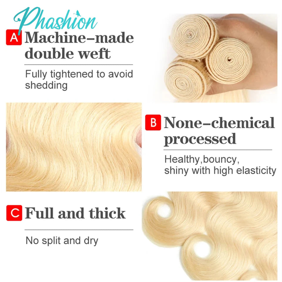 Phashion 36 38 40 Inch 1/3/4 613 Blonde Body Wave Human Hair Bundles 100% Brazilian Remy Weave Extensions For Women Can Be Dyed