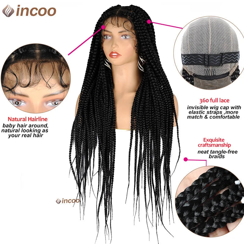 Synthetic Large Box Braided Wigs Jumbo Knotless Full Lace Front Wigs For Black Women Jumbo Tribal Braids Faux Locs Cornrows Wig Luxegan