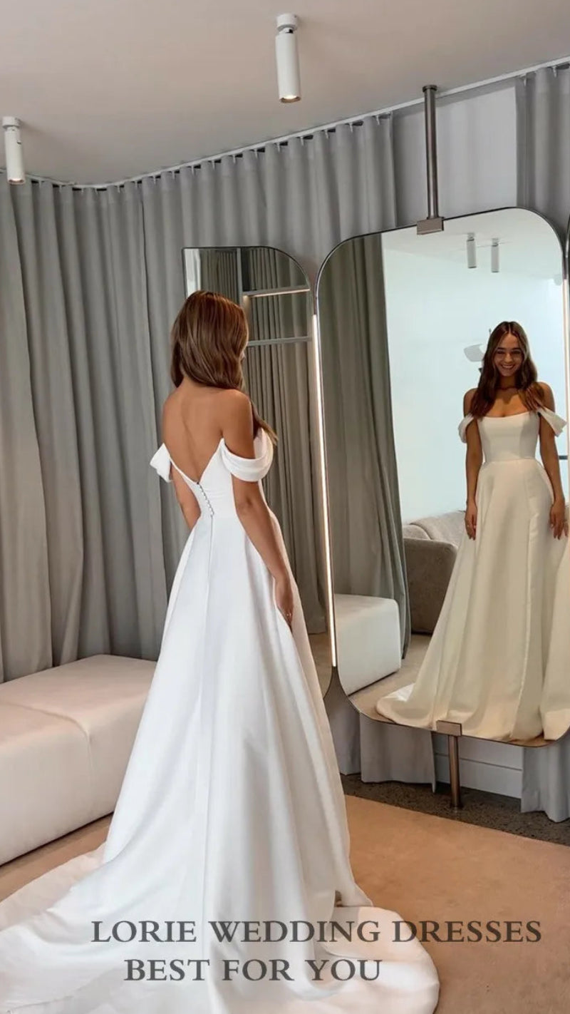 Classic Soft Satin A-Line Wedding Dress | Elegant Off-The-Shoulder Sleeveless Bridal Gown | Vintage Lace Applique Beaded Wedding Party Gown | Model 11DWYW2000051 Custom Floor-Length Court Train Dress Luxegan