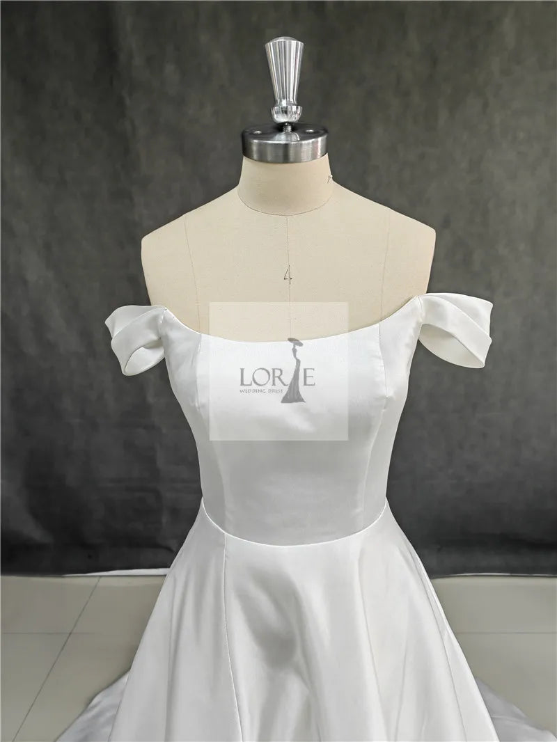 Classic Soft Satin A-Line Wedding Dress | Elegant Off-The-Shoulder Sleeveless Bridal Gown | Vintage Lace Applique Beaded Wedding Party Gown | Model 11DWYW2000051 Custom Floor-Length Court Train Dress Luxegan