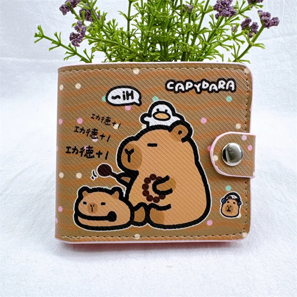 Cartoon Capybara Mini Foldable Wallet | Sophisticated Short Money Bag & Cute Coin Purse | Elegant PU Leather Card Holder | Luxury "Dignified" Square Small Purse with Secure Button Closure Luxegan