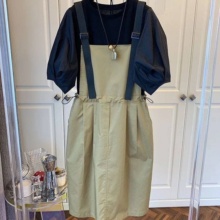 Women's Spring Summer Workwear Overalls Two-Piece Set | Trendy Bubble Puff Sleeve Streetwear Suit | Chic Salt System Casual Outfit | Premium Loose Fit O-Neck Mid-Calf Fashionable Set Luxegan