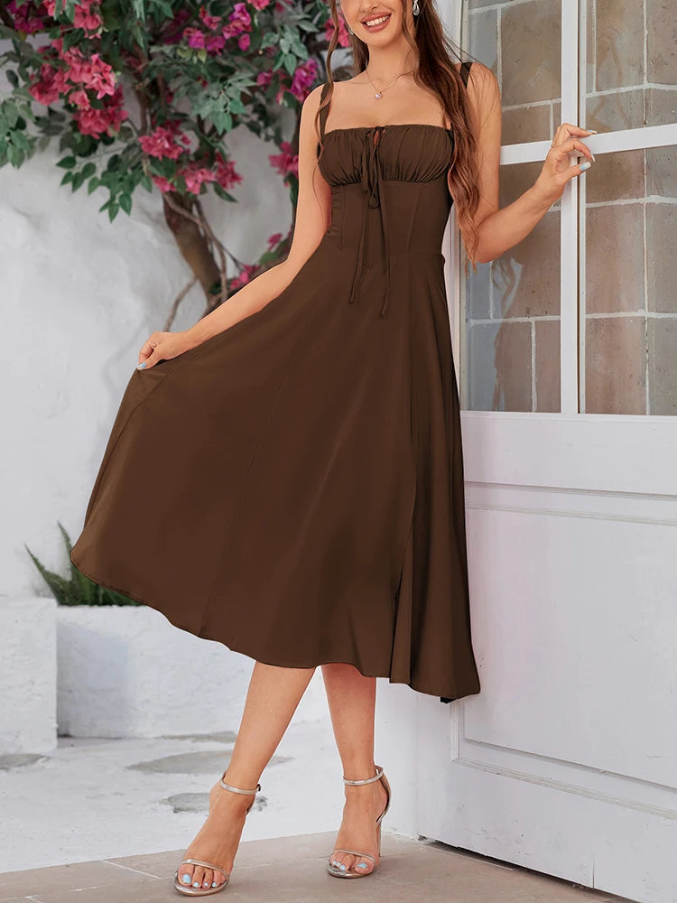 Summer Sweet Solid Camisole Long Dress | Elegant Padded Boned Party Robe | Sleeveless Square-Neck Medium-Stretch Fit & Flare Midi Dress Luxegan