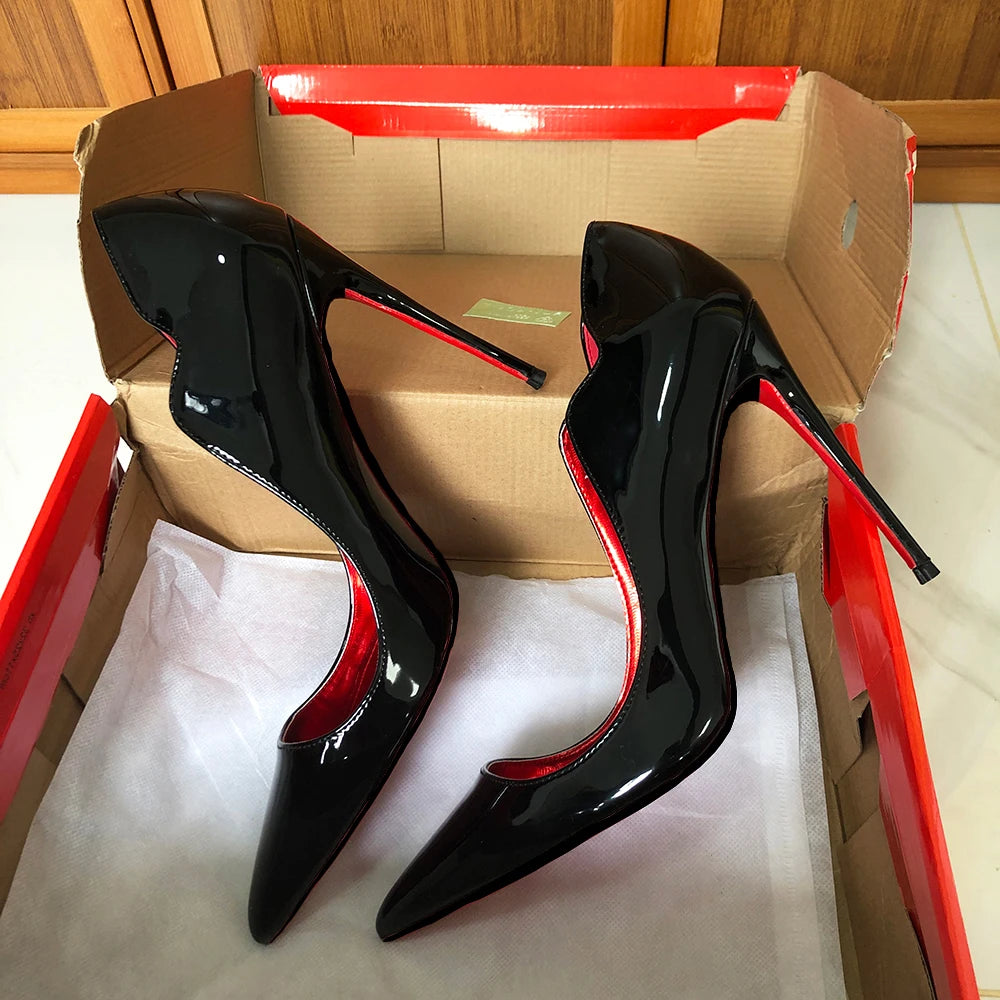Elegant Fashion Curl-Cut Stilettos | Sophisticated 12cm Glossy Black V-Cut Pumps | Elegant "Handmade Patent Leather" Silhouette | "Dignified" Sexy Pointed Toe Celebrity Party Shoes for Radiant Versatile Styling Luxegan
