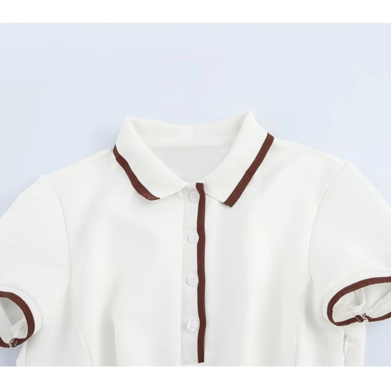Women's Preppy Style Pleated Mini Dress | Elegant Turn-Down Collar Buttoned Gown | Short Sleeve Spring Summer Uniform Dress | Premium Tatting Slight Stretch Regular Fit Sheath Vestido Luxegan