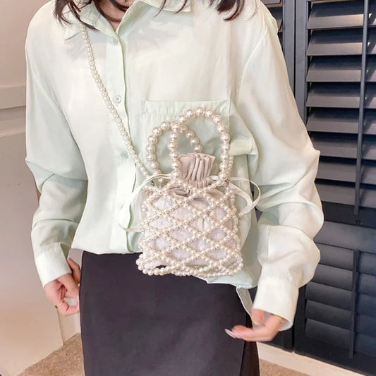 Women Pearl Bag Small Mini Tote Bucket Bag Woven Crossbody Hand Bags for Women | Coin Purse Wallet Handbag Ladies Shoulder Bags Luxegan