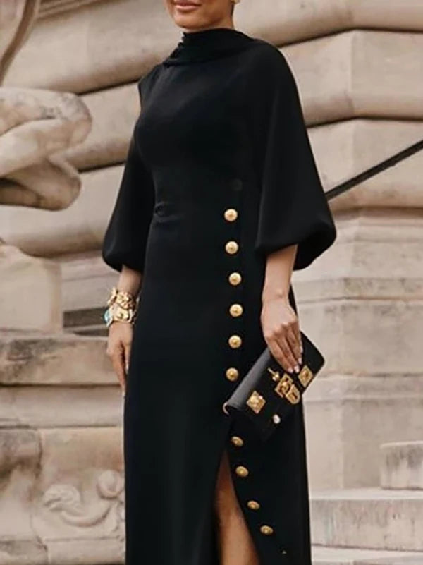 Buttoned Mock Neck Loose Maxi Dress – Three-Quarter Sleeve, Side Slit, Autumn/Winter Luxegan