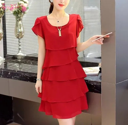 Women's Summer Solid Ruffle Shift Dress | Wave-Cut Short Sleeve Chiffon Sundress | Sweet Knee-Length Regular Fit All-Match Casual Dress Luxegan