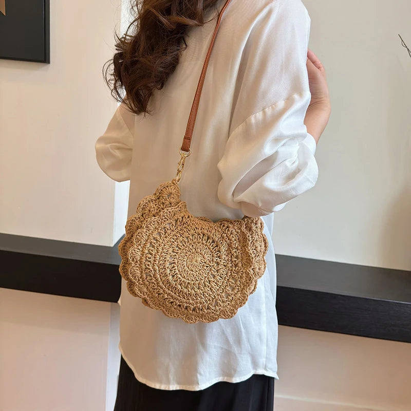 Vintage Woven Handbag | Round Summer Beach Bag & Crossbody Bag Luxegan