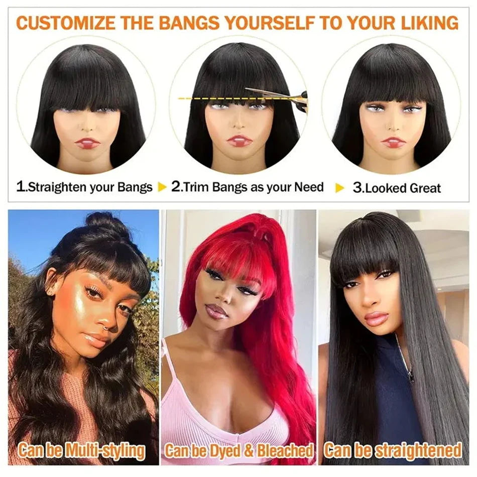 12A Grade Peruvian Body Wave Human Hair Wig with Bangs | Fully Machine-Made Glueless Fringe Wig | Premium Remy Human Hair Clearance Sale Wig for Women Luxegan