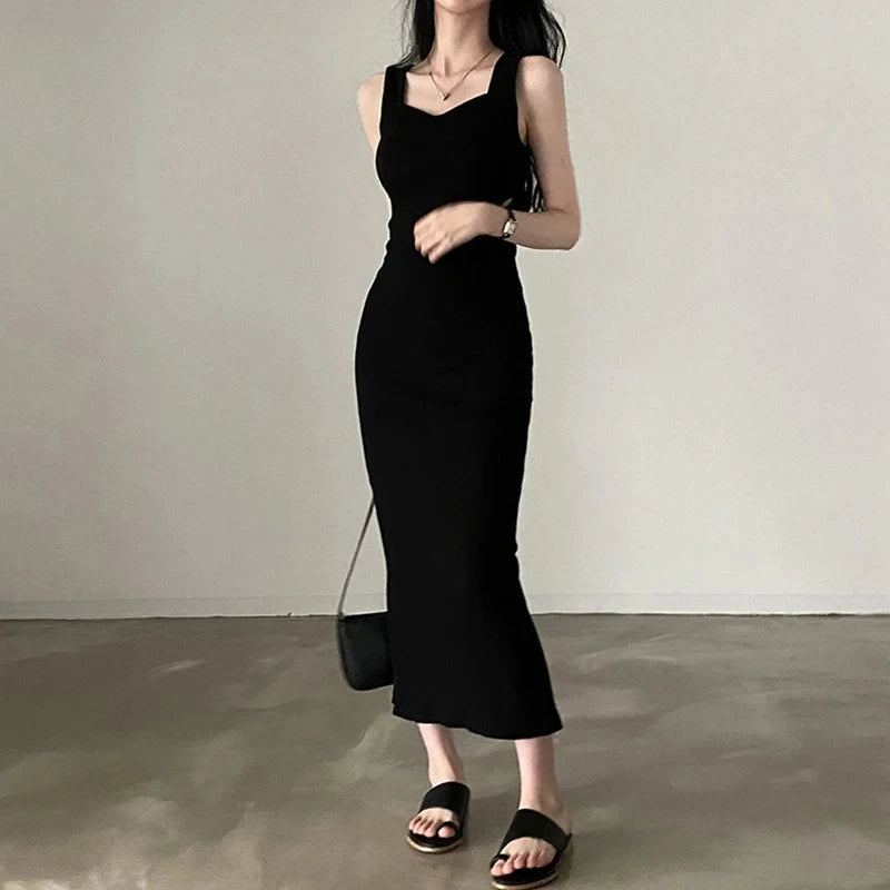 Women's Basic Knit Square Collar Midi Dress | Korean Fashion Sleeveless Tank Dress | Summer Casual Y2K Vintage Bodycon Outfit | High Stretch Slim Fit Sheath Vestido Model CBMGD26761 Luxegan