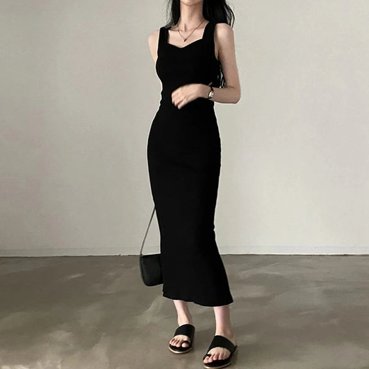 Women's Basic Knit Square Collar Midi Dress | Korean Fashion Sleeveless Tank Dress | Summer Casual Y2K Vintage Bodycon Outfit | High Stretch Slim Fit Sheath Vestido Model CBMGD26761 Luxegan