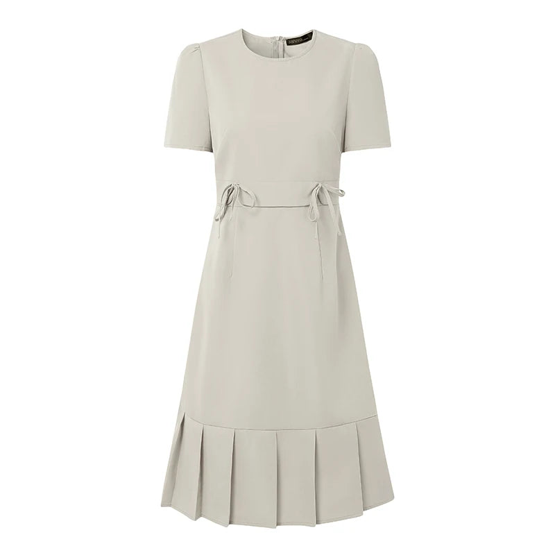 Solid Round Neck Short Puff Sleeve Regular Fit A-Line Knee-Length Dress – Natural Waist, Summer Luxegan