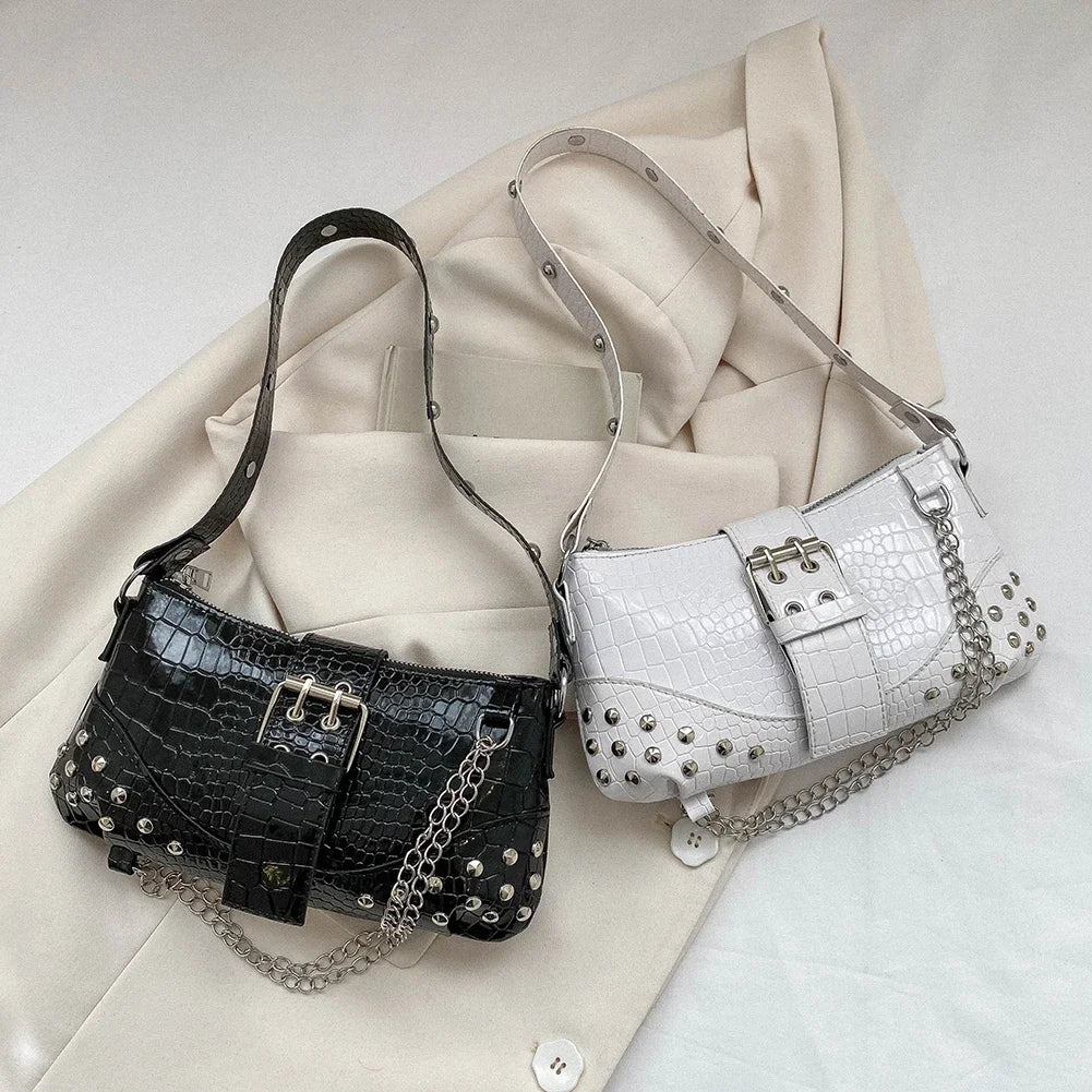 Fashion Women's Y2K Armpit Bag | Luxury Design Pleated Underarm Bag (Solid Color Shoulder Messenger Hobo Handbag with Chains & Rivets) Luxegan
