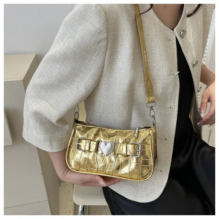 Women's Y2K Peach Heart Butt Leather Handbag | Alligator Pattern Underarm Shoulder Bag with Heart Pin Buckle (Fashion Girls Mini Tote) Luxegan