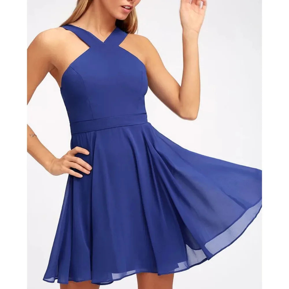 Solid Halter Sleeveless Hollow-Out Loose Fit A-Line Mini Dress – Non-Stretch Chiffon, Empire Waist, Summer Luxegan