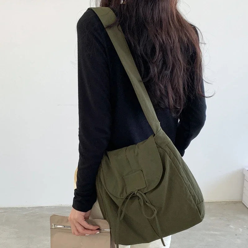Vintage Flap Nylon Bow Crossbody Bag | Large Autumn Commuter Shoulder Bag & Simple Messenger Bag Luxegan