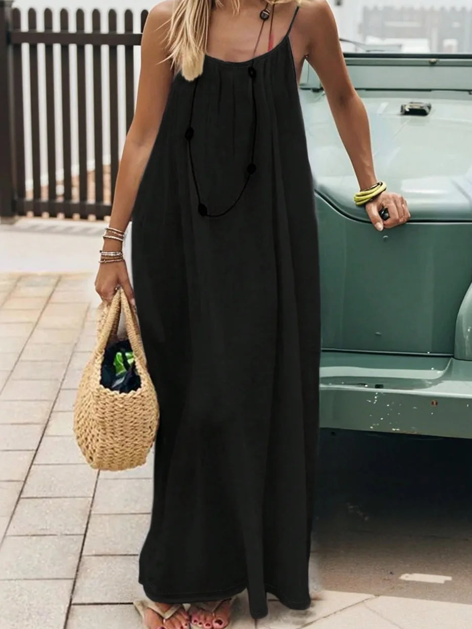 Ladies Loose H-Line Long Gown Nightwear | Comfortable Polyester Sleeveless Strap Home Clothing | Casual V-Neck Solid Color Lounge Dress | Elegant Ankle-Length Summer Beach Style Sleepwear Luxegan