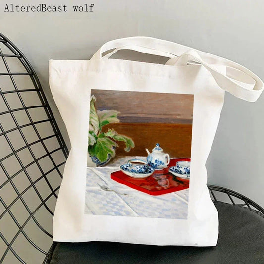 Monet Water Lilies Canvas Shoulder Bag | Sophisticated Kawaii Harajuku Shopping Tote | Elegant Art-Inspired Shopper Handbag | "Dignified" Durable Square Purse for Versatile Daily Styling Luxegan