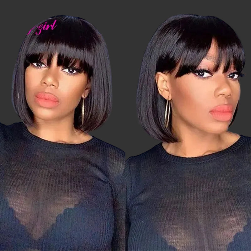 Sleek Straight Short Bob Human Hair Wig with Bangs | 180% Density Fully Machine-Made Glueless Brazilian Remy Human Hair Wig | Classic Fringe Bob for Women (8-16 Inch, Natural Color / #99J Burgundy / #30 Honey Blonde) Luxegan