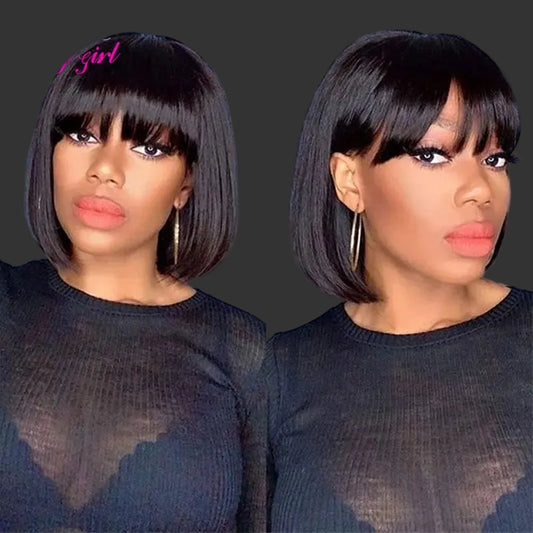 Sleek Straight Short Bob Human Hair Wig with Bangs | 180% Density Fully Machine-Made Glueless Brazilian Remy Human Hair Wig | Classic Fringe Bob for Women (8-16 Inch, Natural Color / #99J Burgundy / #30 Honey Blonde) Luxegan