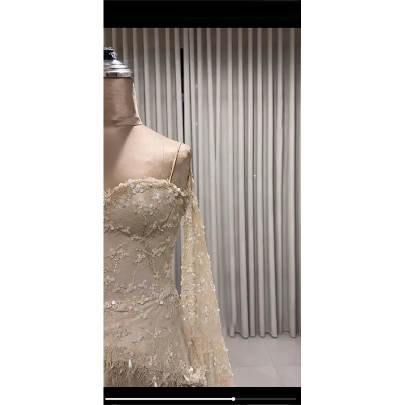 Women's Luxury Beaded Lace Evening Dress | Exquisite Sweetheart Neck Prom Gown | Elegant Crystal Sequined Tulle Floor-Length Dress | Premium Spaghetti Strap A-Line Robe with Built-in Bra Luxegan