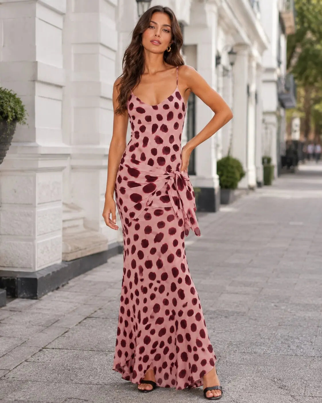 Animal Print Maxi Dress | Deep V-Neck Spaghetti Strap Waist Tie Slit Evening Dress Luxegan