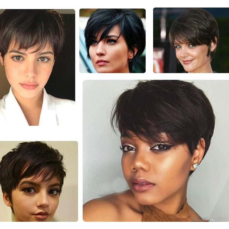Short Pixie Cut Ready-to-Wear Human Hair Wig - Full Machine-Made Glueless Straight Wig - 100% Remy Human Hair Black, Brown & Red Color Wig for Women (Dyeable All Colors) Luxegan