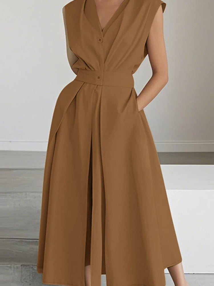 Solid Turn-Down Collar Short Sleeve Regular Fit A-Line Ankle-Length Dress – Polyester, Empire Waist, Summer Luxegan