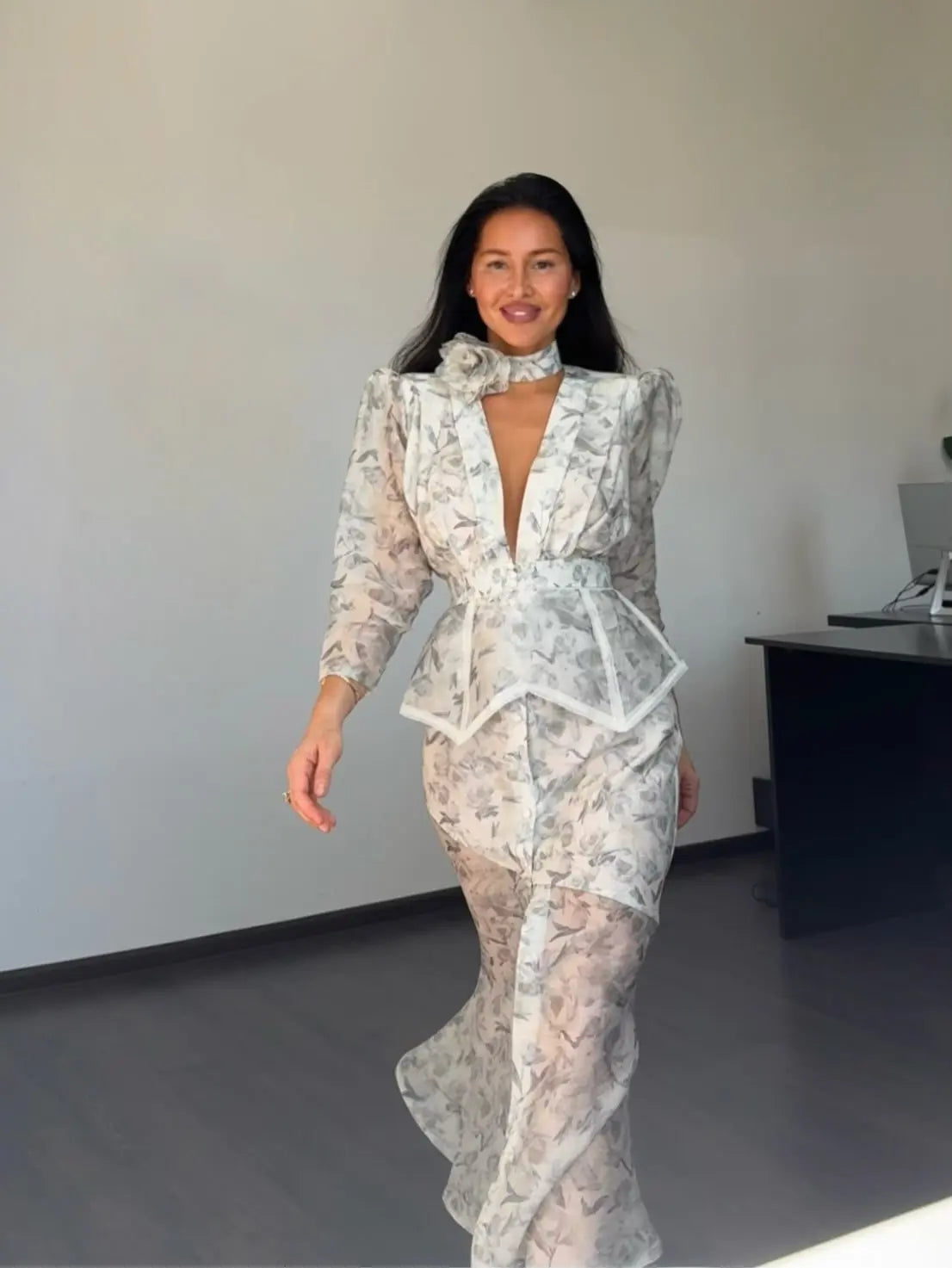 Organza Floral Printed Maxi Dress V-Neck  Puff Sleeve 2026 Spring/Summer Romantic Women Party Gown Fashion Elegant Lady Vestidos