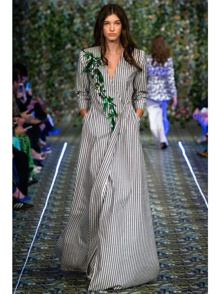 Striped High Waist Floor-Length Dress | Sophisticated V-Neck A-Line Silhouette | Elegant "High Street" Party Gown | "Dignified" Empire Waistline for Radiant Versatile Styling Luxegan