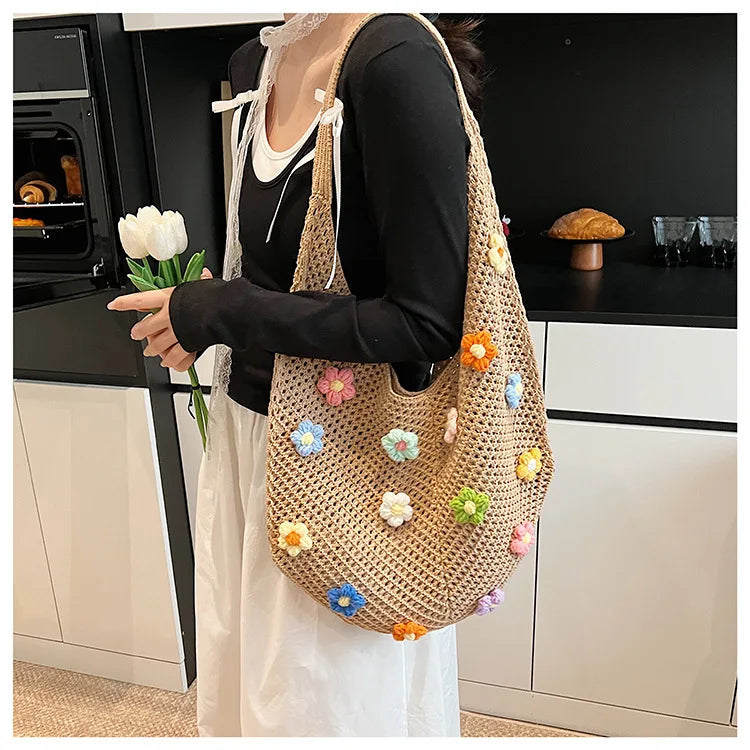 Hollow Mesh Knitted Shoulder Bag | Slouchy Chic Cartoon Beach Tote | Lightweight Laid-Back Woven Handbag | Spring & Summer Versatile Nylon Satchel for Women Luxegan